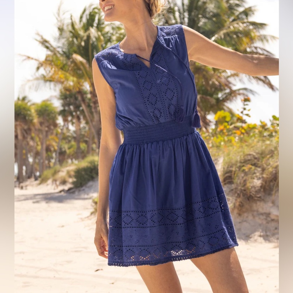 NWT. Cabana Life. Navy blue sleeveless eyelet dress, smocked waist and tassels.